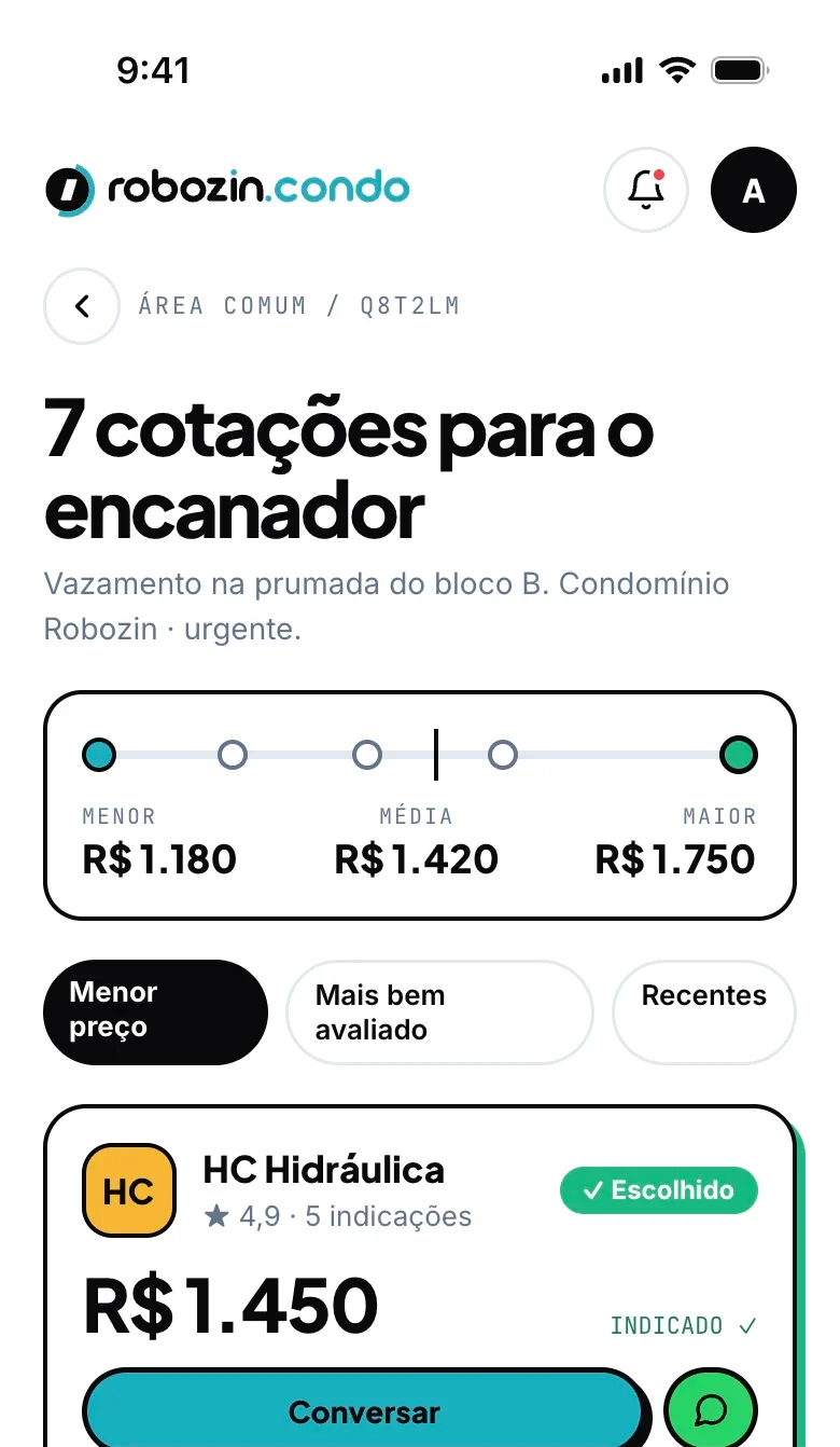 Tela de cotação no celular: 7 cotações para o encanador, com a faixa de preço e o profissional indicado pelos moradores.