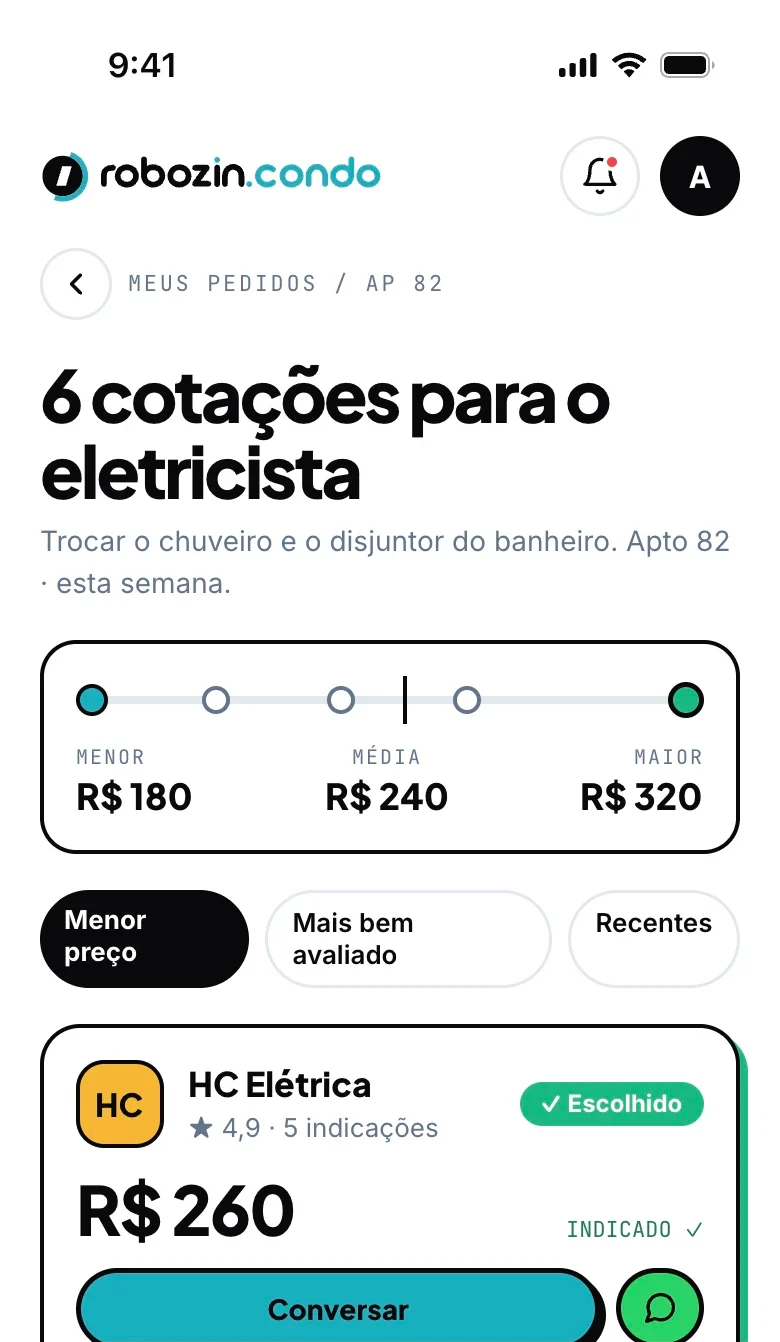 Tela de cotação no celular: 6 cotações para o eletricista, com a faixa de preço e o profissional indicado pelos vizinhos.