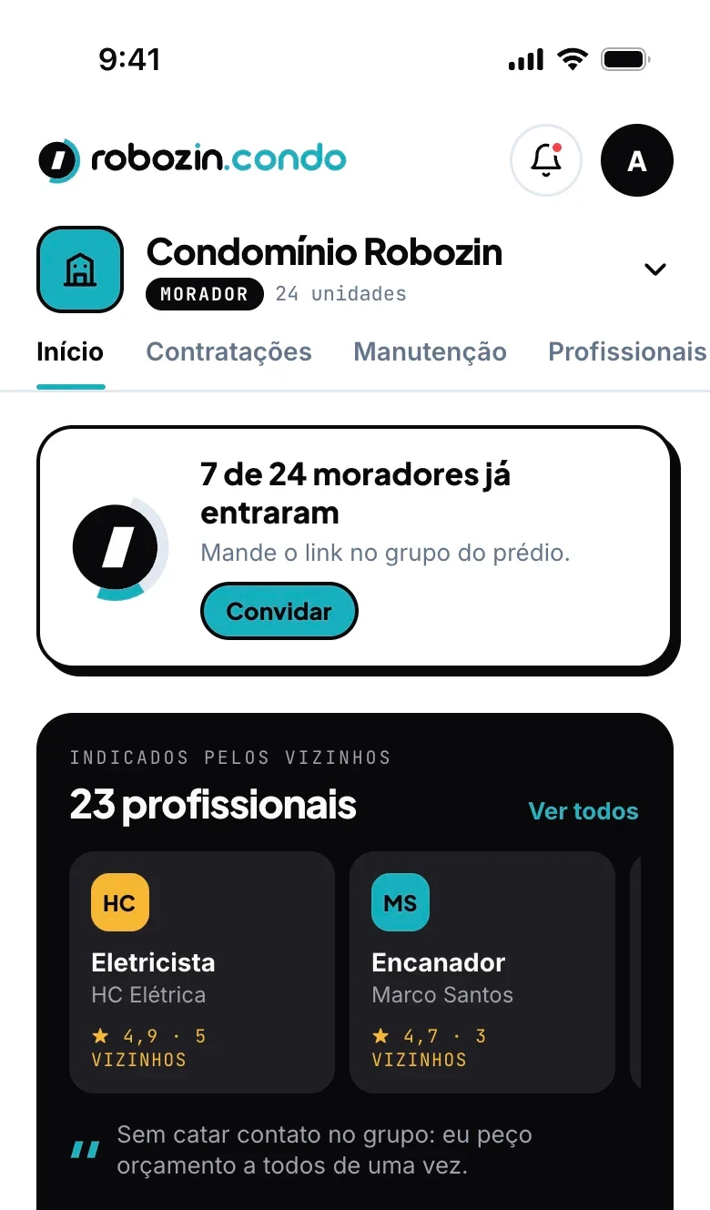 Tela do robozin.condo no celular do morador, com as coletivas abertas no prédio e os profissionais indicados pelos vizinhos.